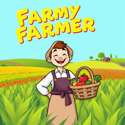 A cartoon depiction of a happy farmer smiling joyfully in a lush green field with a clear blue sky