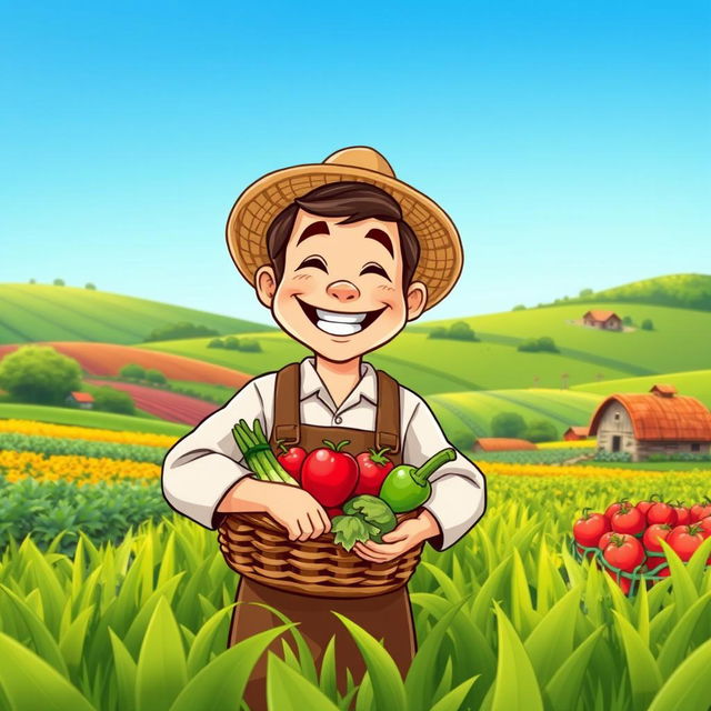 A cartoon depiction of a happy farmer smiling joyfully in a lush green field with a clear blue sky