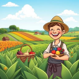 A cartoon depiction of a happy farmer smiling joyfully in a lush green field with a clear blue sky