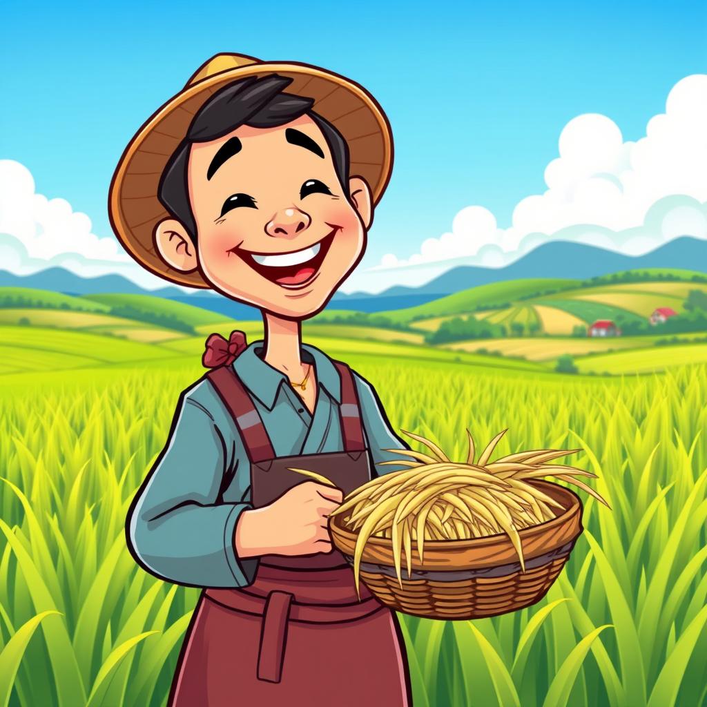 A cartoon depiction of a happy farmer smiling joyfully in a lush green paddy field with a clear blue sky