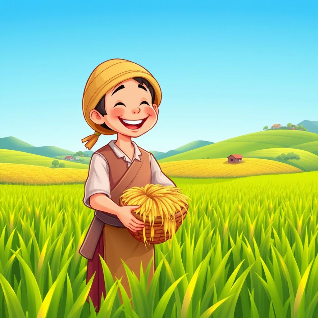 A cartoon depiction of a happy farmer smiling joyfully in a lush green paddy field with a clear blue sky