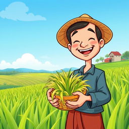 A cartoon depiction of a happy farmer smiling joyfully in a lush green paddy field with a clear blue sky