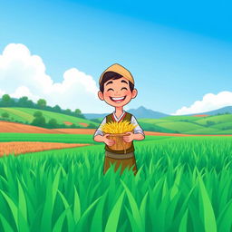 A cartoon depiction of a happy farmer smiling joyfully in a lush green paddy field with a clear blue sky