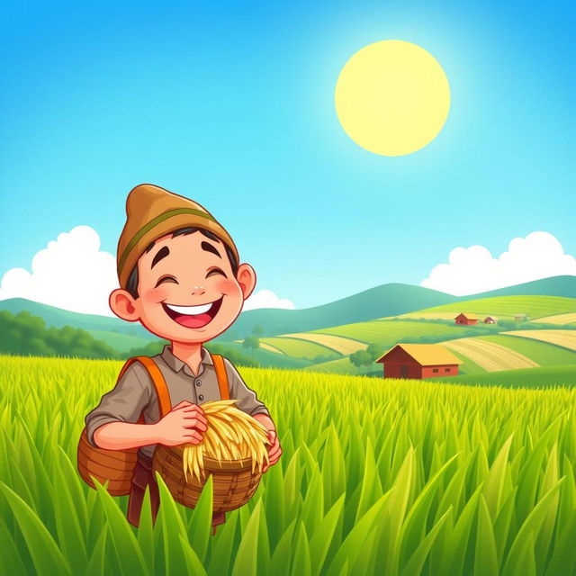 A cartoon depiction of a happy Indonesian farmer smiling joyfully in a lush green paddy field with a clear blue sky