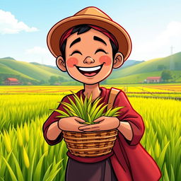 A cartoon depiction of a happy Indonesian farmer smiling joyfully in a lush green paddy field with a clear blue sky