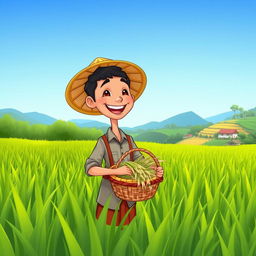 A cartoon depiction of a happy Indonesian farmer smiling joyfully in a lush green paddy field with a clear blue sky