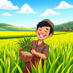 A cartoon depiction of a happy Indonesian farmer smiling joyfully in a lush green paddy field with a clear blue sky