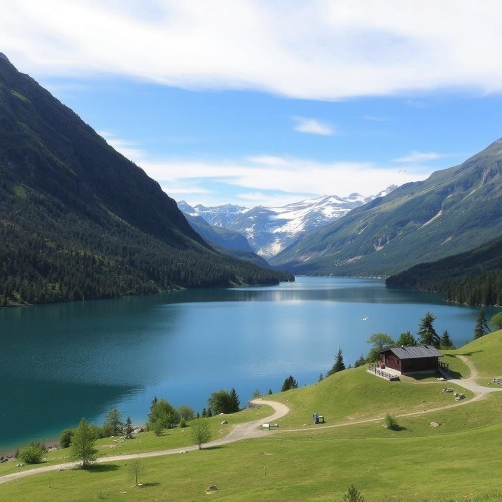 A beautiful landscape featuring a serene lake surrounded by lush green mountains under a clear blue sky