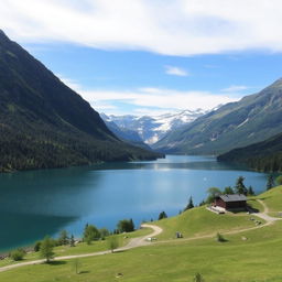 A beautiful landscape featuring a serene lake surrounded by lush green mountains under a clear blue sky