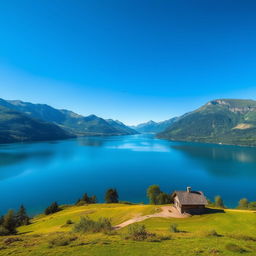 A beautiful landscape featuring a serene lake surrounded by lush green mountains under a clear blue sky