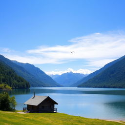 A beautiful landscape featuring a serene lake surrounded by lush green mountains under a clear blue sky