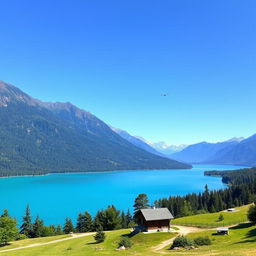 A beautiful landscape featuring a serene lake surrounded by lush green mountains under a clear blue sky