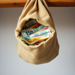 A detailed image of Indonesian Rupiah banknotes inside a burlap sack hanging from a wooden beam