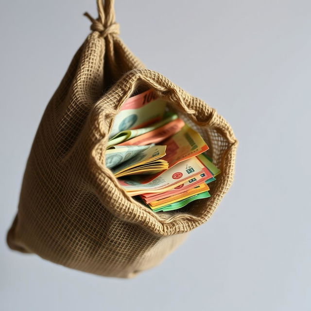 A detailed image of Indonesian Rupiah banknotes inside a burlap sack hanging from a wooden beam