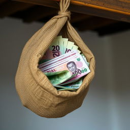 A detailed image of Indonesian Rupiah banknotes inside a burlap sack hanging from a wooden beam