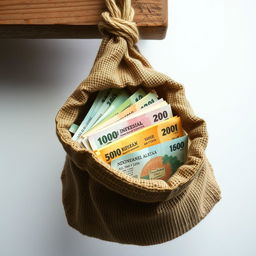 A detailed image of Indonesian Rupiah banknotes inside a burlap sack hanging from a wooden beam