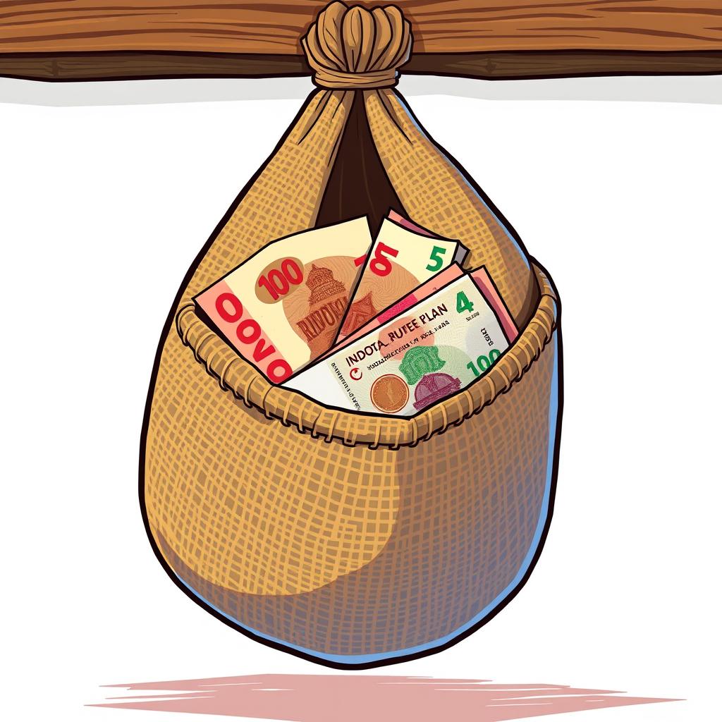 A cartoon-style image of Indonesian Rupiah banknotes inside a burlap sack hanging from a wooden beam