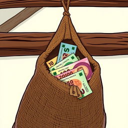 A cartoon-style image of Indonesian Rupiah banknotes inside a burlap sack hanging from a wooden beam