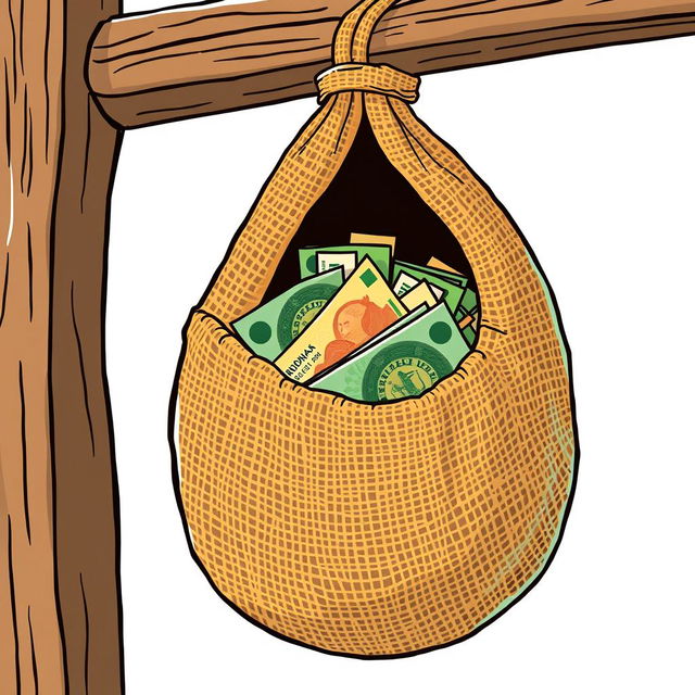 A cartoon-style image of Indonesian Rupiah banknotes inside a burlap sack hanging from a wooden beam