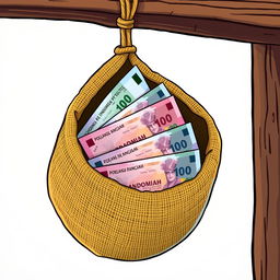 A cartoon-style image of Indonesian Rupiah banknotes inside a burlap sack hanging from a wooden beam