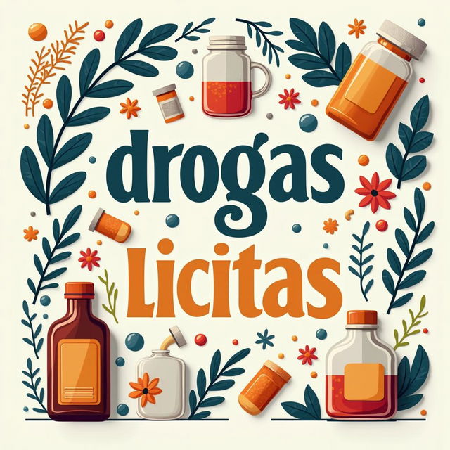 Crie uma capa de trabalho escolar sobre drogas lícitas, com elementos gráficos de álcool, tabaco e medicamentos prescritos, cores vibrantes e tom sério