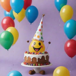 An anthropomorphized oil drop wearing a festive party hat and holding a slice of birthday cake, surrounded by cheerful balloons.