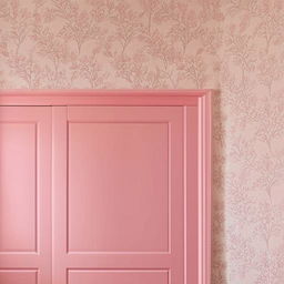 A room with one wall covered in vibrant floral wallpaper, and the remaining walls painted in a soft dusty pink