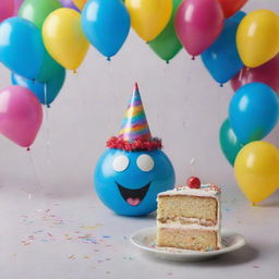 An anthropomorphized oil drop wearing a festive party hat and holding a slice of birthday cake, surrounded by cheerful balloons.