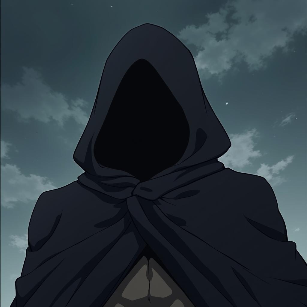 A 90s style anime image inspired by Toyotaro's art, featuring a male Saiyan hybrid in a black cloak and cape that covers his head and almost his entire body