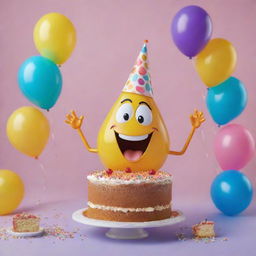 An anthropomorphized oil drop wearing a festive party hat and holding a slice of birthday cake, surrounded by cheerful balloons.