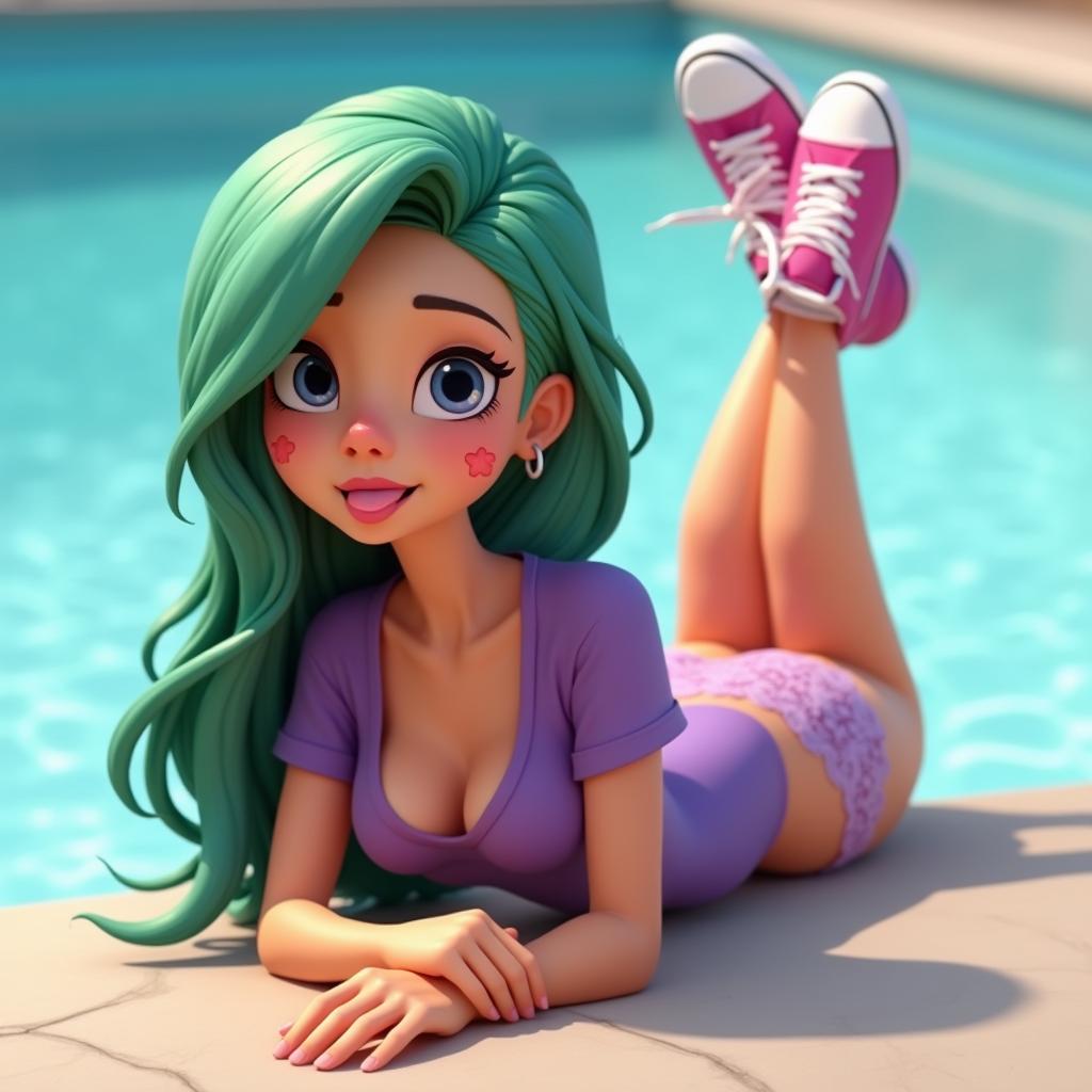 A realistic 3D cartoon character of an 18-year-old girl with green hair, purple eyeshadow, and lipstick, lying face down by the pool, looking at the camera, and sticking her tongue out