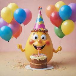 An anthropomorphized oil drop wearing a festive party hat and holding a slice of birthday cake, surrounded by cheerful balloons.