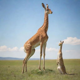 A whimsical image showcasing a clever hare standing on a poised cat, who in turn is standing atop a tall, gentle giraffe's head, in a sunny, grassy savannah.