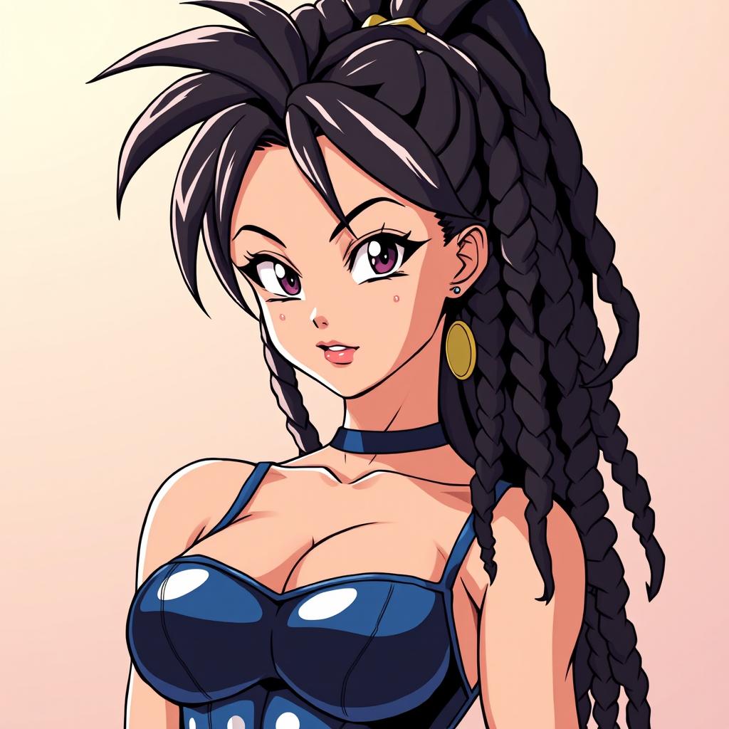 Create a 90's style anime image in the Toyotaro style with a retro anime effect, featuring a Saiyan woman