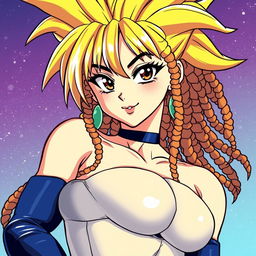 Create a 90's style anime image in the Toyotaro style with a retro anime effect, featuring a Saiyan woman