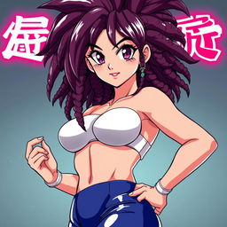 Create a 90's style anime image in the Toyotaro style with a retro anime effect, featuring a Saiyan woman