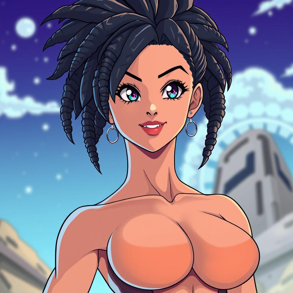 Create a 90's style anime image in the Toyotaro style with a retro anime effect, featuring a Saiyan woman