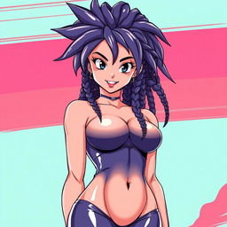 Create a 90's style anime image in the Toyotaro style with a retro anime effect, featuring a Saiyan woman