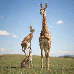 A whimsical image showcasing a clever hare standing on a poised cat, who in turn is standing atop a tall, gentle giraffe's head, in a sunny, grassy savannah.