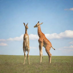 A whimsical image showcasing a clever hare standing on a poised cat, who in turn is standing atop a tall, gentle giraffe's head, in a sunny, grassy savannah.