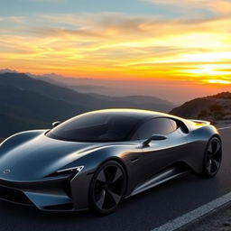 A sleek and modern car with a shiny metallic finish, parked on a scenic mountain road with a beautiful sunset in the background