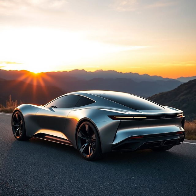 A sleek and modern car with a shiny metallic finish, parked on a scenic mountain road with a beautiful sunset in the background