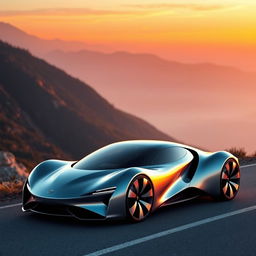 A sleek and modern car with a shiny metallic finish, parked on a scenic mountain road with a beautiful sunset in the background