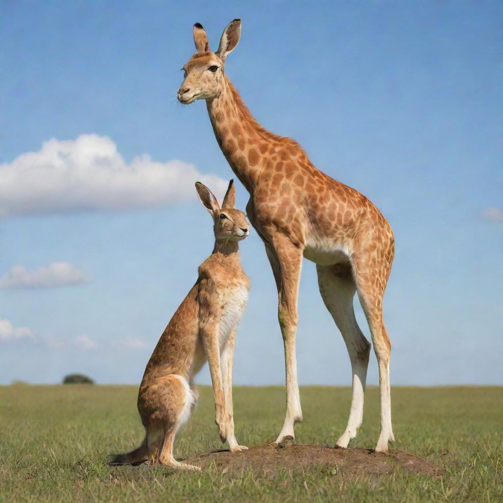 A whimsical image showcasing a clever hare standing on a poised cat, who in turn is standing atop a tall, gentle giraffe's head, in a sunny, grassy savannah.