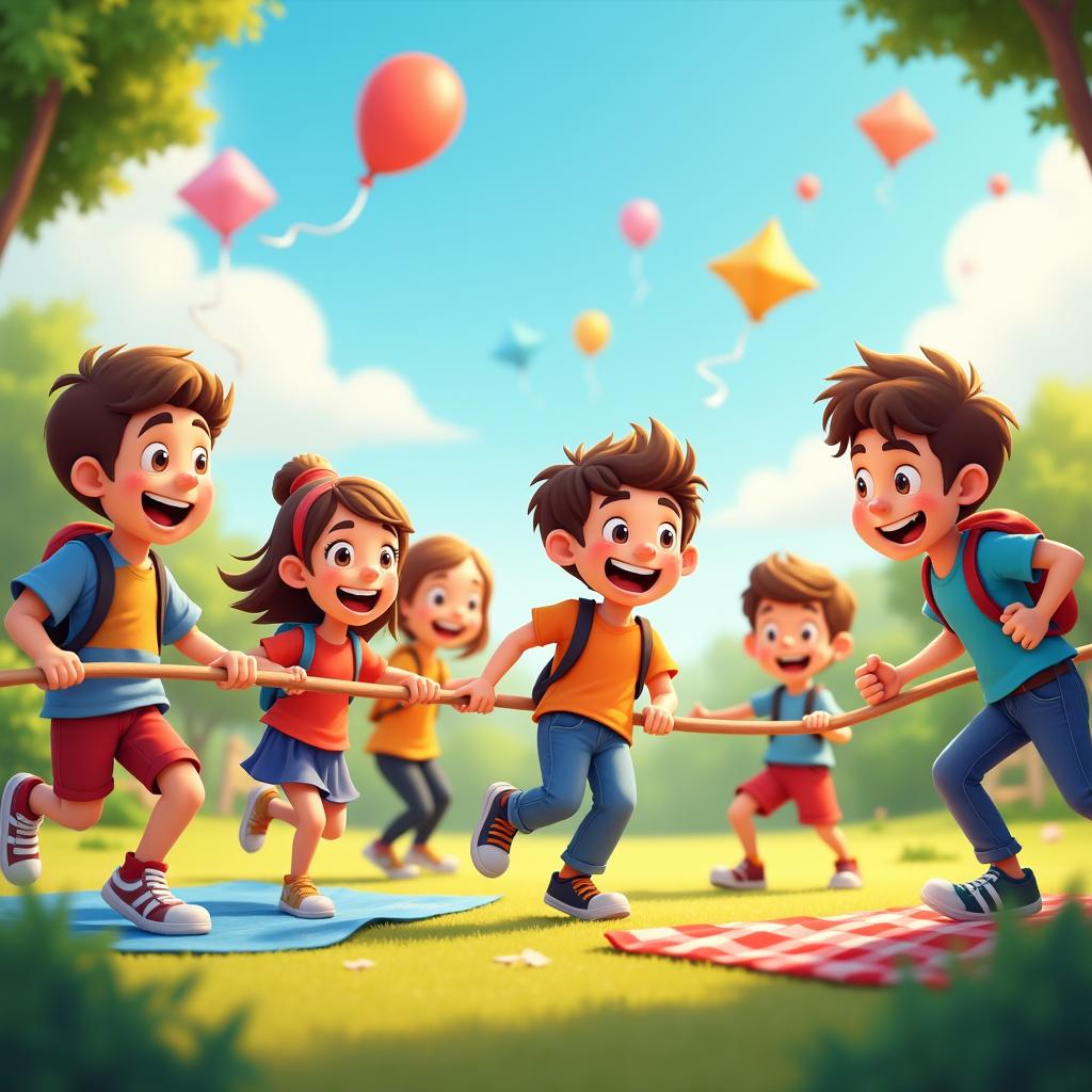 Create a vibrant and dynamic image of 'Play LanPro,' featuring diverse characters enjoying various games and activities in a lively outdoor setting