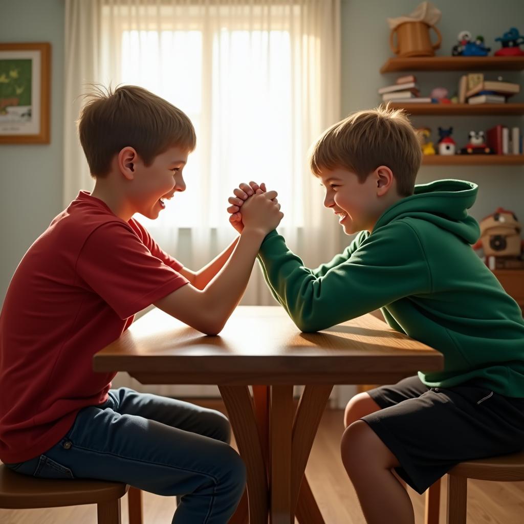 Two boys, around 10-12 years old, are arm wrestling at a wooden table in a cozy room