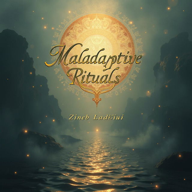 Create a dreamy, hazel, tranquil, and otherworldly book cover for 'Maladaptive Rituals' by Zineb Laadioui, featuring abstract elements and mystical symbols