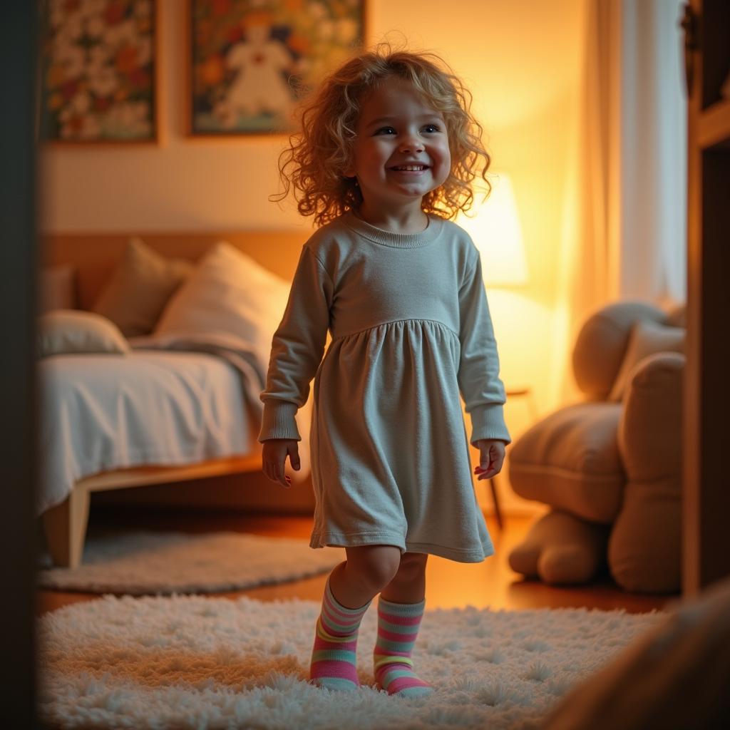 A young girl in a cozy room, wearing a casual dress and colorful socks with a playful pattern