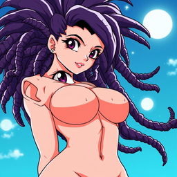 Create a 90's style anime image in the Toyotaro style with a retro anime effect, featuring a Saiyan woman