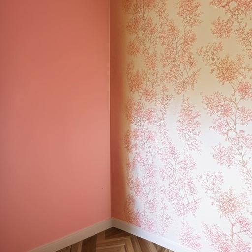 A room with one wall covered in vibrant floral wallpaper, and the remaining walls painted in a soft dusty pink